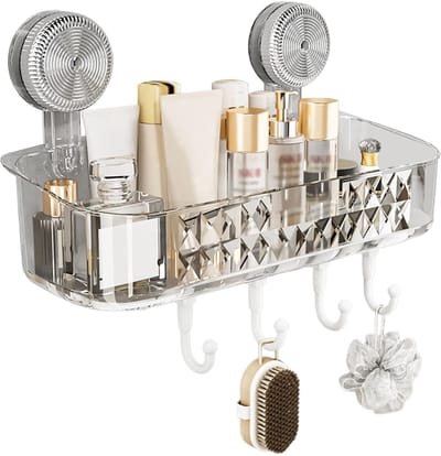 Dailygoods - Doucheplank, zonder boren, zeephouder voor douche, badkamerrek voor douche, douche-organizer, zelfklevend rek met 4 haken voor badkamer en keuken (wit)