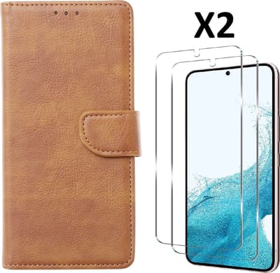 Hoesje Geschikt Voor Samsung Galaxy S23 Plus Hoesje met Pasjeshouder - bookcase – Met 2x Screenprotector / gehard glas – Bruin