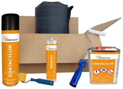 Dakvoordeelshop EPDM Dakpakket compleet 1,14mm dik - 2,44 meter breed - 2 meter lang - incl. EPDM kit, contactlijm, verfrol 10 cm, verfrolbeugel en aandrukroller