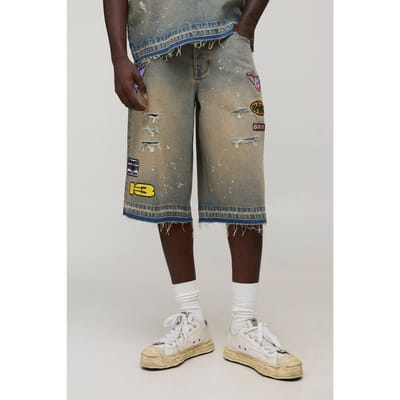 Gewassen Moto Badge Longline Jorts | Antique Blue | Size 28