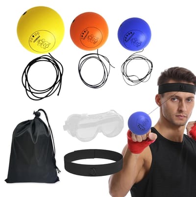 Boksreflexbalset - Trainingsbal Hoofdband - Verbeteren Coördinatie - Drie Verschillende Ballen - 3 Ballen Set - Blauw Oranje Geel