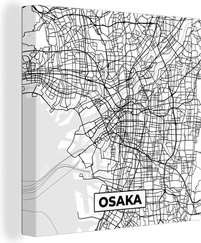 Canvas Schilderij Osaka - Stadskaart - Plattegrond - Zwart Wit - Kaart - 20x20 cm - Wanddecoratie