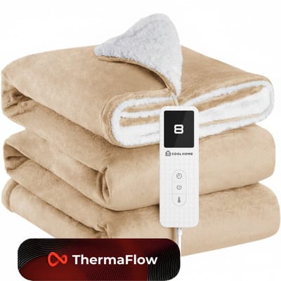 CoolHome HB25 Elektrische Warmtedeken - Elektrisch deken - Flanel & Melkfleece - Afstandsbediening - Wasbaar - 130 x 180 cm - Beige
