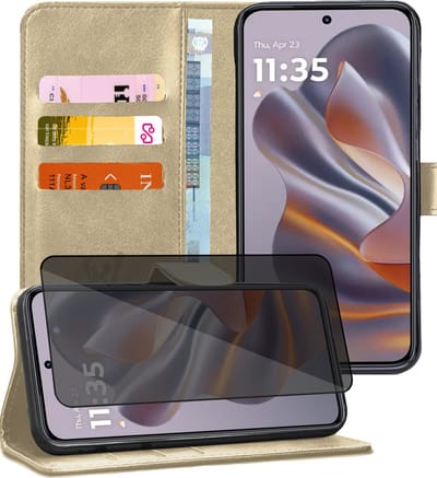 Hoesje geschikt voor Motorola Edge 50 Neo / Edge 60 Neo / Thinkphone 25 - Privacy Screenprotector Volledig Dekkend Glas - Portemonnee Book Case Goud