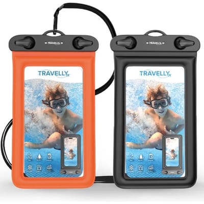Travelly ® – Waterdicht Telefoonhoesje Set van 2 – Universeel Onderwater Hoesje voor Smartphone – Geschikt voor alle telefoons – Drybag – Voor Vakantie, Zwemmen & Watersport – Zwart/Oranje