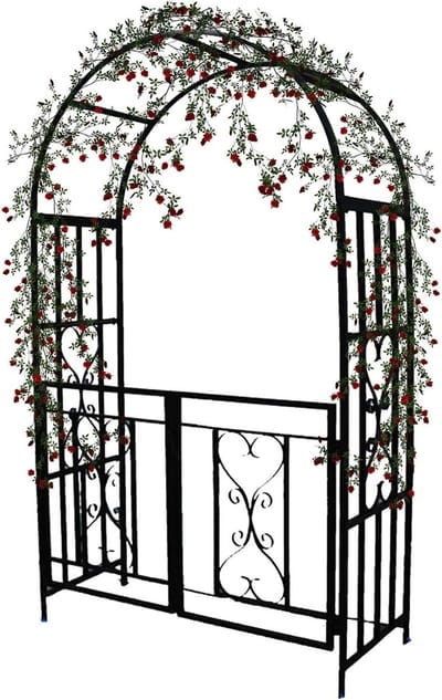 Metalen Tuinprieel - Rozenboog Hekwerk - Planten Ondersteunen - Met Poort Hartpatroon - 210 cm x 114 cm - Zwart