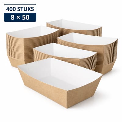 Frietbakjes A50 Kraft/Wit BIO – 400 Stuks – 16,7 x 10 x 5,3 cm – Kartonnen Snackbakjes – Biologisch Afbreekbaar – Voor Friet, Kibbeling en Snacks