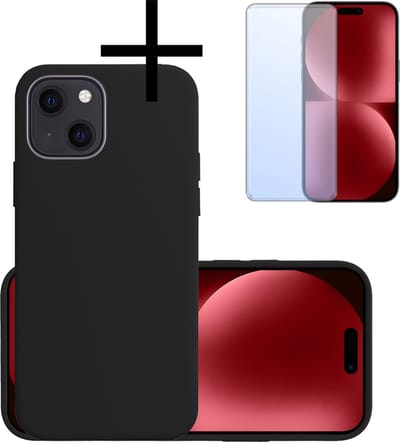 Hoesje - Met Screenprotector - Geschikt voor Apple iPhone 15 - Sterk & Shockproof - Back Cover - Siliconen Case - Telefoon Hoes - Zwart