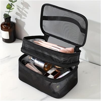 KZQ Grote Cosmetische Tas Dubbellaags Nylon Opbergtas - Reistas Voor Make Up Accessoires En Toiletspullen - Waterbestendig Thuis En Op Reis Zwarte Makeuptas Stevig Materiaal