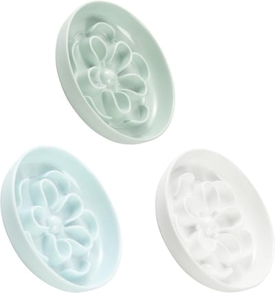 Slow Feeder Set voor Katten en Kleine Honden - Bloemenpatroon Voerbakken - Ondiepe Brede Schalen voor Droog en Nat Voedsel - 3 Stuks - Wit, Groen en Blauw