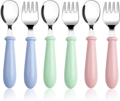 Set van 6 babylepels en babyvorkjes, inclusief opbergdoos, ideaal voor het voeden van baby's, stimuleert de eetlust en zorgt voor meer plezier tijdens het eten. Gemaakt van metaal met ronde handgrepen, vaatwasmachinebestendig