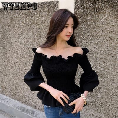 Schuine Hals Ruches Plooiingen Zwart Dames Blouse Off Shoulder Shirt Elastische Taille Lange Mouw Top Zoet Sexy Vlinder Mouw Zomer One Size gray