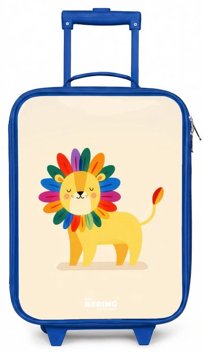 NoBoringSuitcases.com® - Kinderkoffer blauw - Kindertrolley jongen - Leeuw - Manen - Kleurrijk - Koffer kind lichtgewicht - Reiskoffer trolley voor kinderen - Koffertje met lichtgevende wieltjes - Rolkoffer