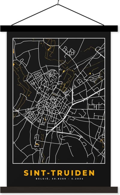 Posterhanger incl. Poster 40x60 cm - Schoolplaat - Plattegrond - Goud - Sint-Truiden - Kaart - Stadskaart - Textielposter - Zwarte latten - Stadskaart
