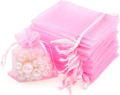 Roze Organza Tassen 7 x 9 cm, Set van 50, Kleine Cadeautassen met Treksluiting, Trouwen, Sieraden, Feestdecoratie