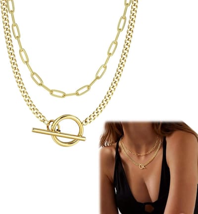 Gelaagde 14K Gouden Kettingen voor Dames – Cuban Link en Paperclip Ketting Set met Sluiting – Trendy en Aanpasbare Sieraden voor Elke Gelegenheid