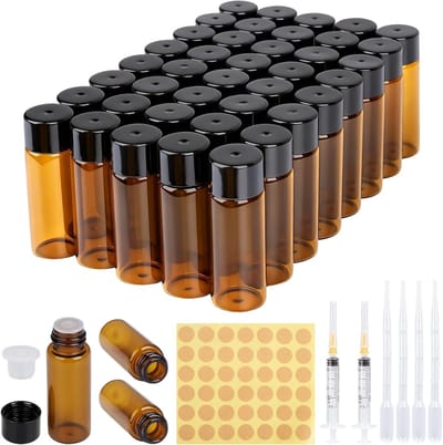 40 Stuks 5ml Lege Glazen Flessen voor Essentiële Olie, UV-bestendig, Lekvrij en Herbruikbaar met Pipet en Stickers voor Geuren