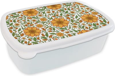 Broodtrommel Wit - Lunchbox - Brooddoos - Bloemen - Oranje - Design - 18x12x6 cm - Volwassenen
