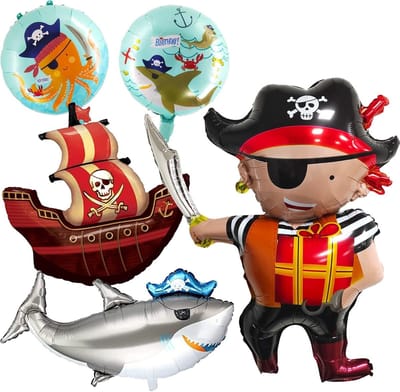 Dailygoods- Folieballon Piratenthema - 5 Stuks - Piratenschip - Haai - Piratenfiguur - Aluminiumfolie - Veilig en Duurzaam - Feestballonnen