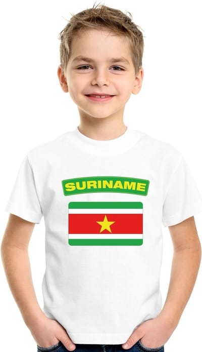 Supporters kleding - t-shirt van vlag Suriname - wit - voor kinderen - korte mouwen - sport 110/116