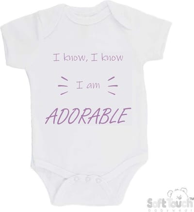 100% katoenen Romper "I know, I know I am ADORABLE" Meisjes Katoen Wit/lila Maat 56/62