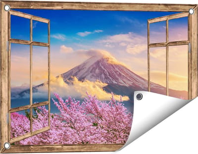 Gards Tuinposter Doorkijk Fuji Berg met Roze Bloesembomen - Bloemen - 60x40 cm - Tuindoek - Tuindecoratie - Wanddecoratie buiten - Tuinschilderij