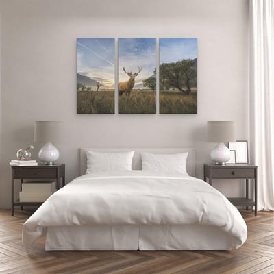Artaza Canvas Schilderij Drieluik Hert In Het Landschap - 120x80 cm - Wanddecoratie Woonkamer - Schilderijen - Muurdecoratie