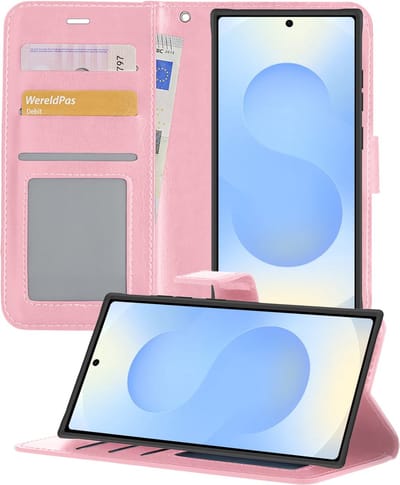 Hoesje - Geschikt voor Samsung Galaxy S25 Ultra - Luxe Bookcase - Walletcase Hoes - Portemonnee - Cover - Telefoonhoes - Lichtroze
