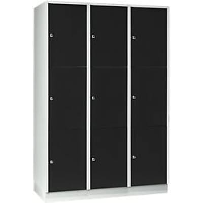 Vakkenkast 400 mm, 3 compartimenten, 9 vakken, veiligheidscilinderslot, sokkel, diepzwart
