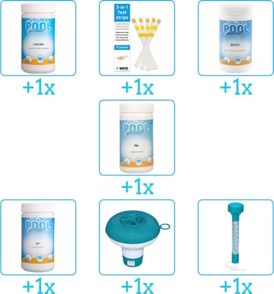 Zwembad Onderhoudspakket - Onderhoud Zwembad - bevat Chloor - Testrips - Chloor - PH-min - PH-plus - Chloordrijver en Thermometer (7-delig)