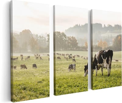 Artaza Canvas Schilderij Drieluik Zwart Witte Koeien In De Wei - 120x80 - Foto Op Canvas - Canvas Print
