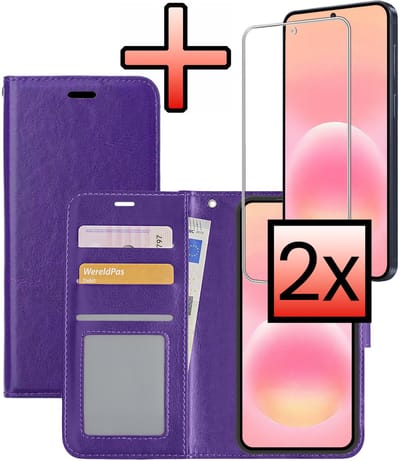Hoesje - Met 2x Screenprotector - Geschikt voor Samsung Galaxy A57 - Luxe Pasjeshouder - Bookcase Portemonee - Flip Case - Kunstleer Book Case - Flipcase Hoes - Book Cover - Walletcase - Portemonneehoes - Paars