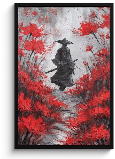 Poster in lijst - Fotolijst 60x90 cm - Posters - Rode bloemen - mistig - Man - Posterlijst zwart - Decoratie - Wanddecoratie woonkamer - Muurdecoratie slaapkamer