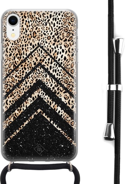 Casimoda® hoesje met koord - Geschikt voor iPhone XR - Chevron Luipaard - Afneembaar koord - Siliconen/TPU - Bruin/beige
