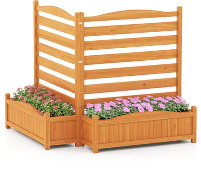 COSTWAY Bloembak met tuinhek, hekwerk voor airconditioners en vuilnisbakken, 101 cm hoog, verhoogd plantenbed met klimrek, 2 plantenbakken met drainagegaten, privacyscherm voor tuin, erf, balkon, hout, naturel (2-delige set)
