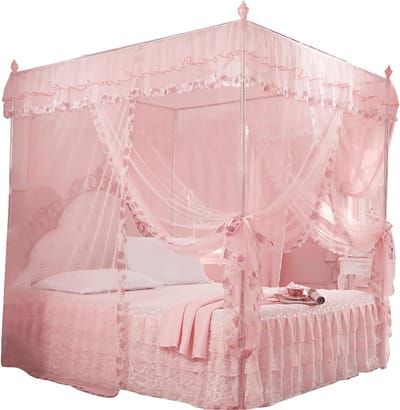 Luxueuze Prinsessen Bedgordijn met Muggennet, Roze, 3 Zijkanten Open, Ideaal voor Slaapkamer en Kinderen