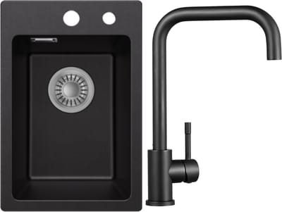 CECIPA max Granieten Spoelbakken 30x45cm Zwart - Spoelbakken Keuken Met Keukenkraan - Wasbak Keuken - Met Kraangat - incl. Afvoerzeefje en Sifon