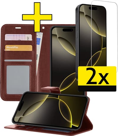 Hoesje - Met 2x Screenprotector - Geschikt voor Apple iPhone 16 Pro - Luxe Pasjeshouder - Bookcase Portemonee - Flip Case - Kunstleer Book Case - Flipcase Hoes - Book Cover - Walletcase - Portemonneehoes - Telefoonhoesjes - Bruin