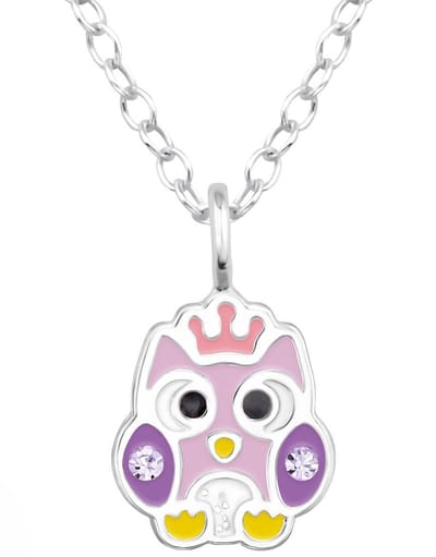 Joy|S - Zilveren uil hanger met ketting - uil met kroontje - paars kristal - ketting 39 cm (verstelbaar 36 cm of 39 cm)