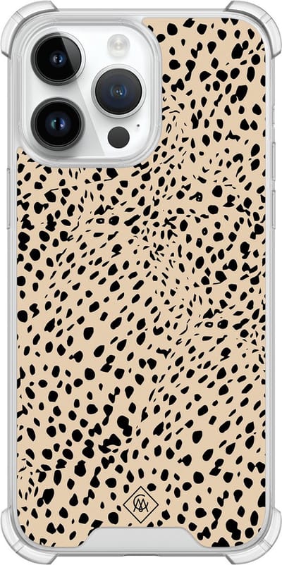 Casimoda® hoesje - Geschikt voor iPhone 14 Pro Max - Stippen bruin abstract - Shockproof case - Extra sterk - TPU/polycarbonaat - Bruin/beige, Transparant