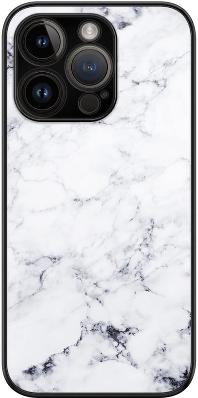 Hoesje geschikt voor iPhone 14 Pro - Marmer grijs - Luxe Glazen Hardcase - Marmer - Multi - Leuke Telefoonhoesjes