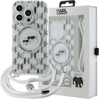 Karl Lagerfeld IML Crossbody Monogram Karl & Choupette Head MagSafe Case for iPhone 15 Pro - Transparent