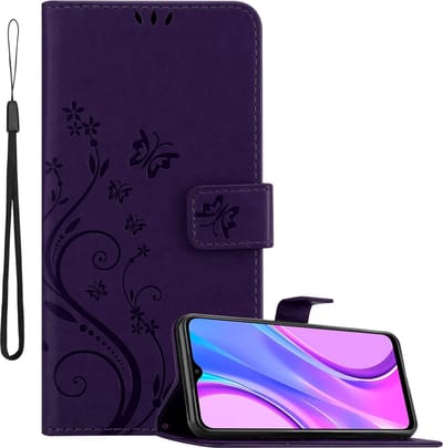 Cadorabo Hoesje geschikt voor Xiaomi RedMi 9 in BLOEMEN DONKER PAARS - Beschermhoes in bloemmotief met magnetische sluiting, standfunctie en kaartsleuven Book Case Cover Etui
