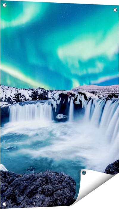 Gards Tuinposter Watervallen met het Groene Noorderlicht - 60x90 cm - Tuindoek - Tuindecoratie - Wanddecoratie buiten - Tuinschilderij