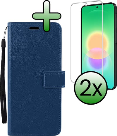 Hoesje Met 2x Screenprotector - Geschikt voor Samsung Galaxy A27 - Luxe Pasjeshouder - Bookcase Portemonee - Flip Case - Kunstleer Book Case - Flipcase Hoes - Book Cover - Walletcase - Portemonneehoes - Donkerblauw