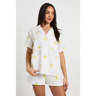 boohoo Dames Katoenen Pyjamaset Met Citroenprint, Korte Mouwen En Korte Broek | Wit | Maat: 34