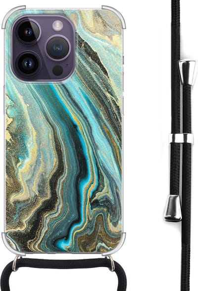Hoesje met koord - Geschikt voor iPhone 14 Pro Max - Marmer mint - Verstelbaar zwart koord - Transparant, Groen - Marmer - Leuke Telefoonhoesjes