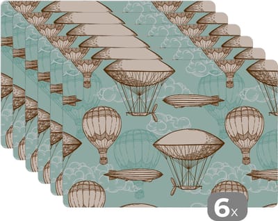 Placemat - Placemats kunststof - Vintage - Luchtballon - Kinderen - Patronen - 45x30 cm - 6 stuks - Hittebestendig - Anti-Slip - Onderlegger - Afneembaar