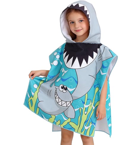 Kinderbadponcho - Microfiber kinderbadhanddoek - Poncho met capuchon - Kindercape met cartoonprint - Absorberende en sneldrogende zwemhanddoek - Kinderstrandponcho met capuchon - Geschikt om te baden, in het zwembad en om te zwemmen