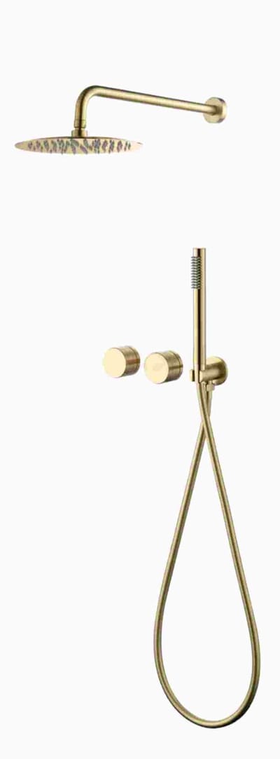 Hudor Doucheset Geborsteld Goud Messing - Luxe Regendouche Set Mat Goud - Design Douchestang Scamandre Collectie - Premium Douchestrip UPC Gecertificeerd